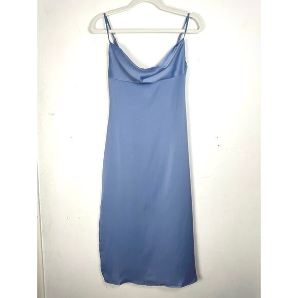 NWT WeWoreWhat Slate Blue Satin Charmeuse Cowl Neck Midi Slip Dress X-Small - Picture 3 of 16